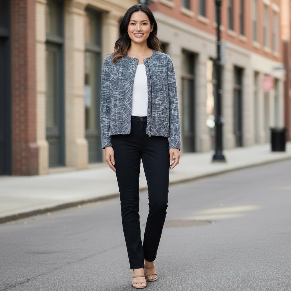 NWT Liverpool Women’s Collarless Full Zip Tweed‎ Jacket Blazer Boucle Casual